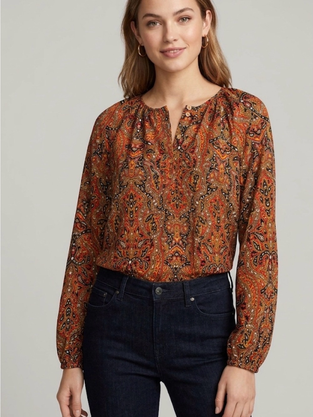 Michael Michael Kors Paisley Blouse Size S Orange Black Long Sleeve peasant top
